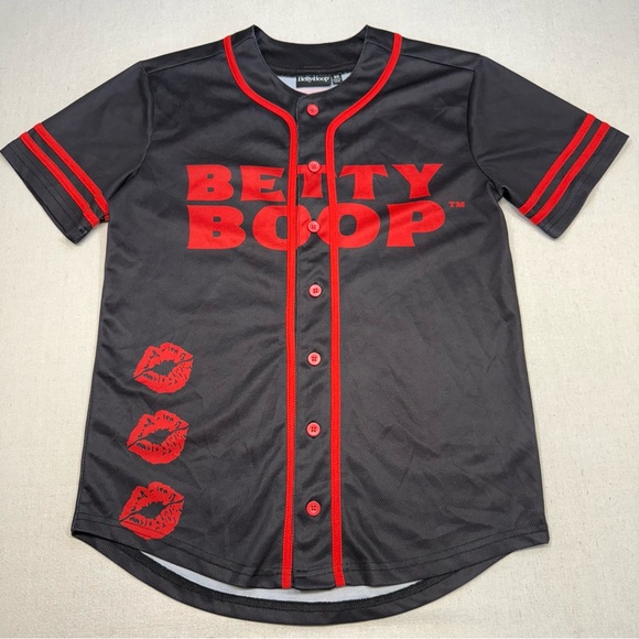 Betty Boop Tops - Betty Boop Baseball Jersey Womens Black Red Cartoon Graphic Button Front Size XS
